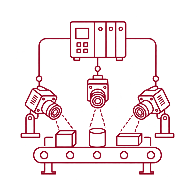 [Translate to English (USA):] Diagram of a central controller connected to three cameras along a conveyor.