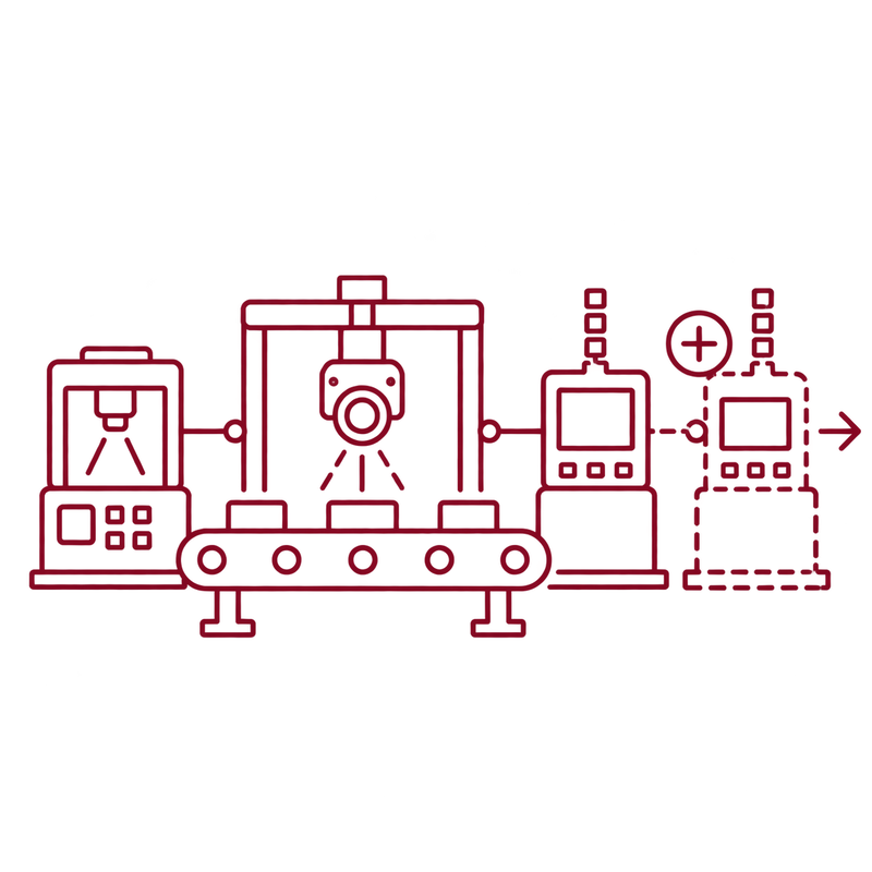 Diagram of an expandable production line with camera inspection and an additional inspection station.