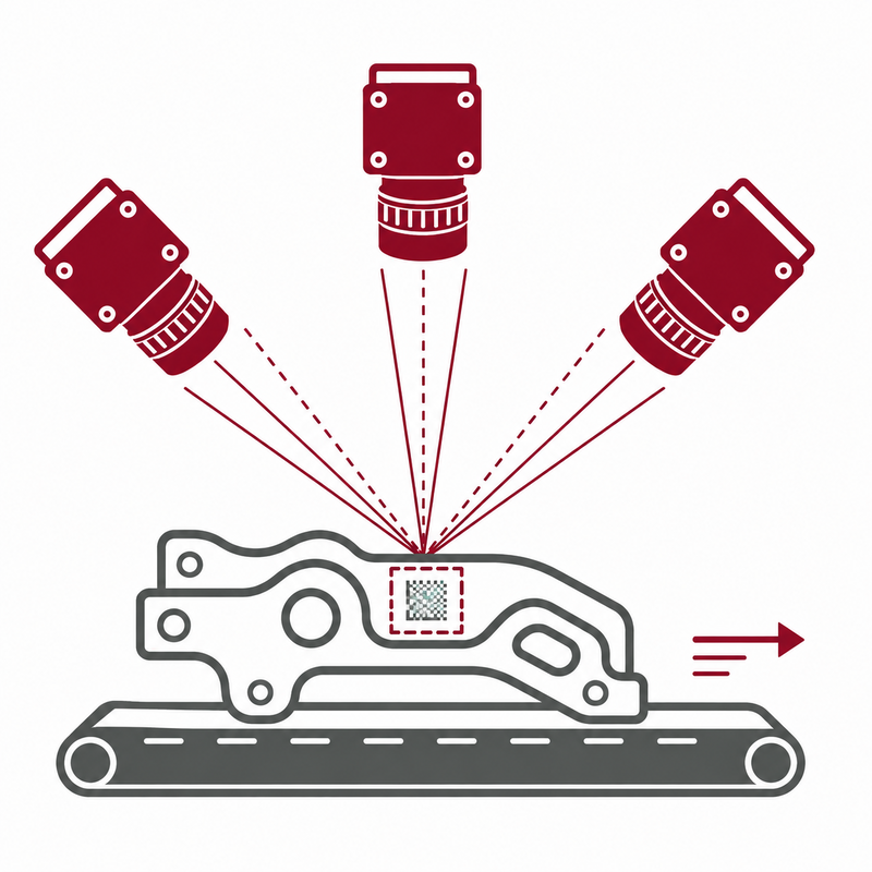 Multiple cameras capture the marking on a moving automotive component from different perspectives