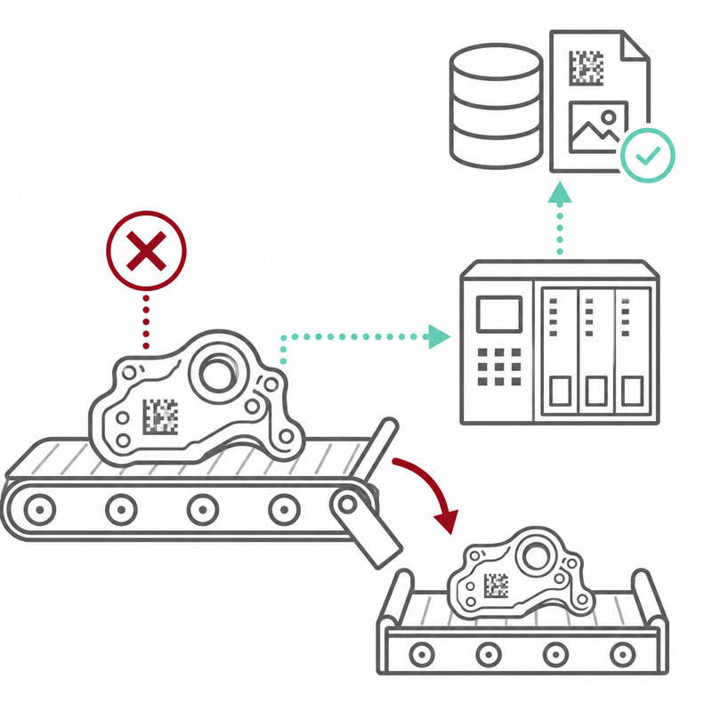 Inspection result transmitted to the machine control system for rejection and documentation