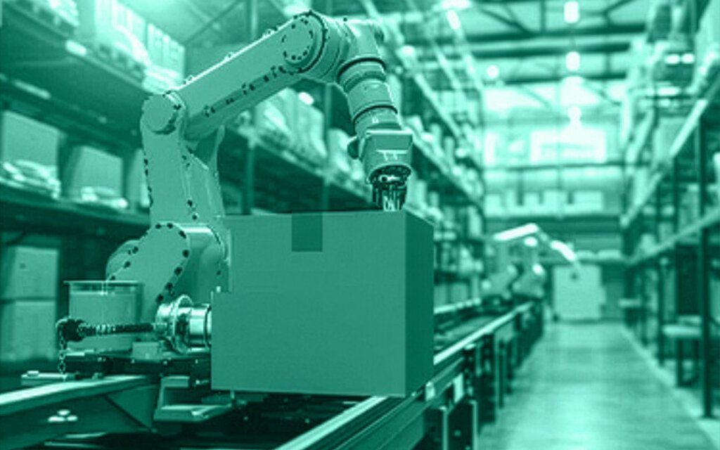 Automated packaging line with robot arm and integrated inspection station
