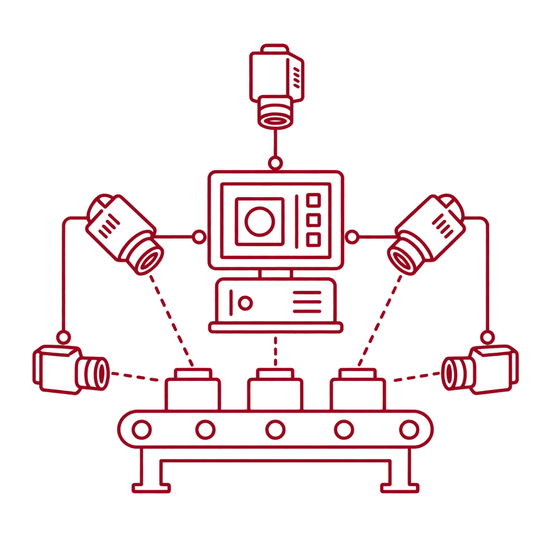 Diagram of multiple cameras connected to a central inspection interface.