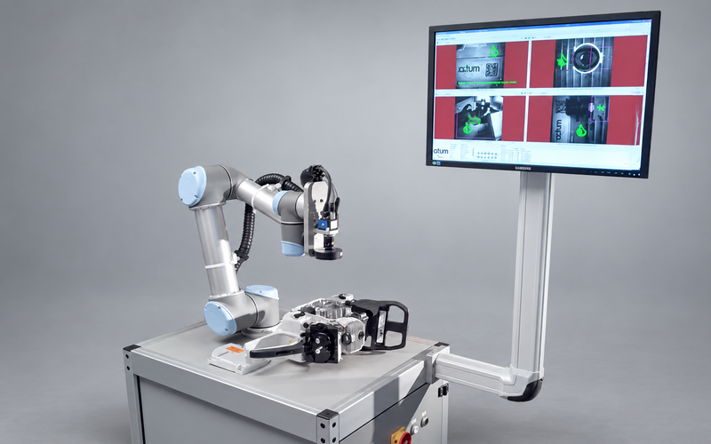 Camera-equipped robot arm inspecting a metal component; a monitor displays four CV-Inspect inspection views.