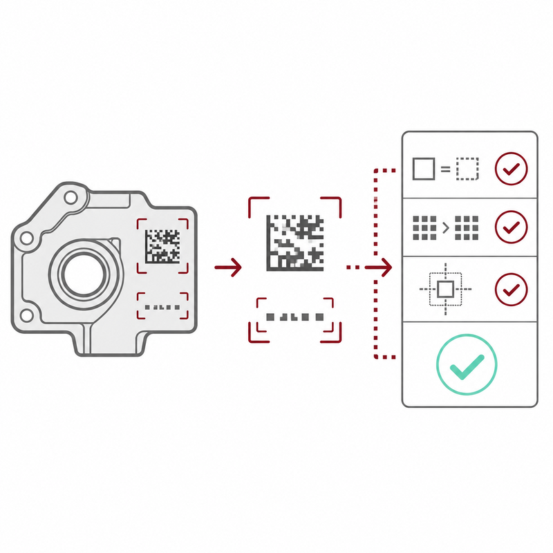 Machine vision software reads a Data Matrix code and checks its content, completeness and position