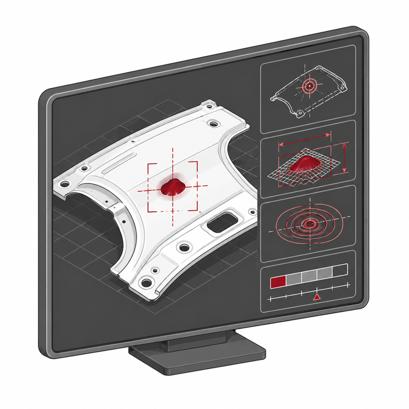 Machine vision software evaluates the position, size and shape of a surface defect