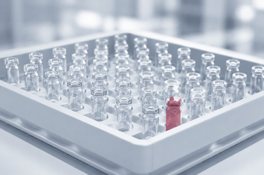Pharmaceutical tray containing glass containers with one product highlighted in red for automated completeness inspection