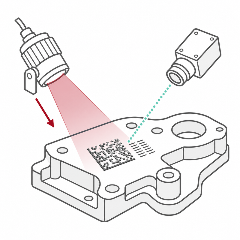 Directional illumination makes a code on a metal component surface visible to the camera