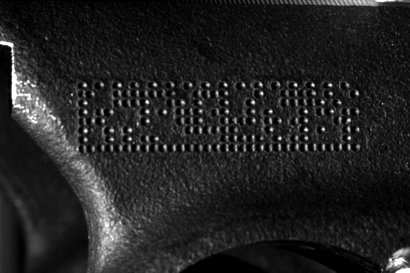 Dot-peened Data Matrix code on an automotive component