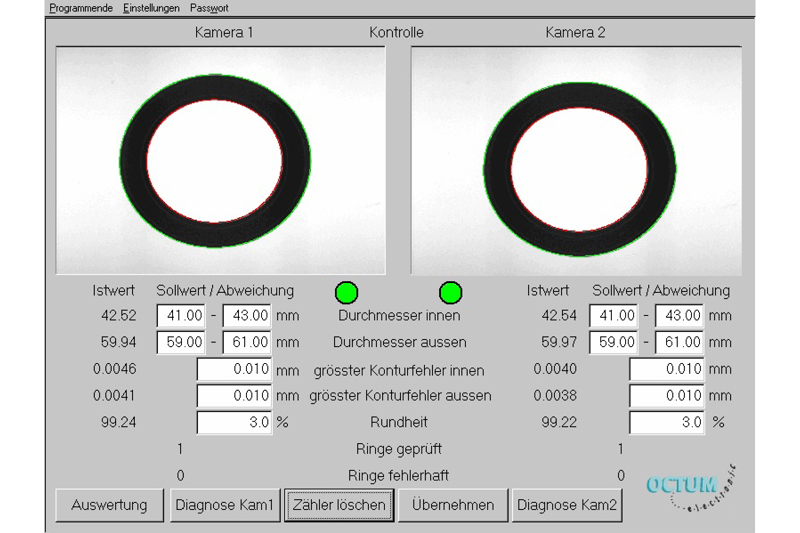 Optical inspection of inside and outside diameters on support rings for automotive production