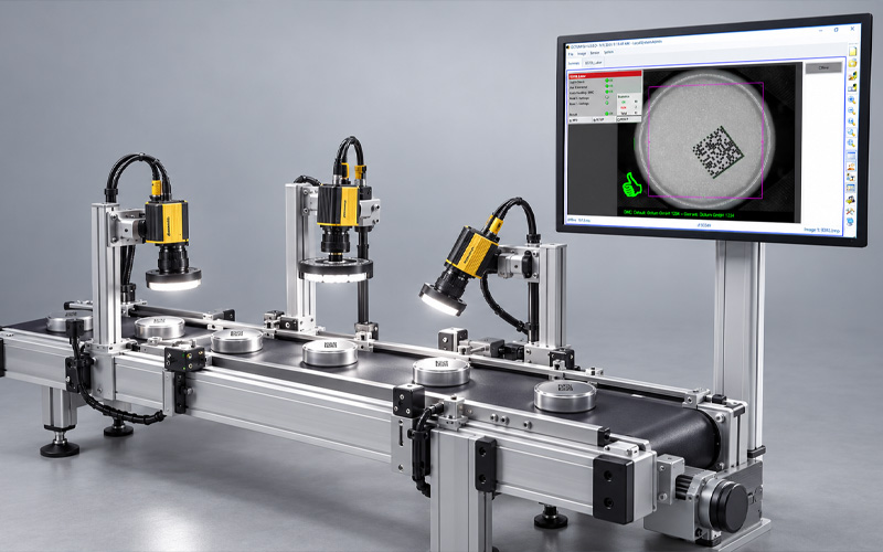 Three smart cameras inspecting components on a conveyor; a monitor displays the central inspection interface.