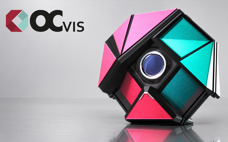 OCvis logo beside a stylized camera lens in magenta and turquoise.