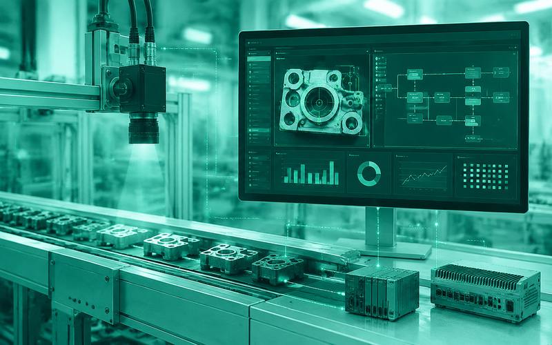 Industrial camera inspecting components on a conveyor while a monitor displays image analysis and inspection data.