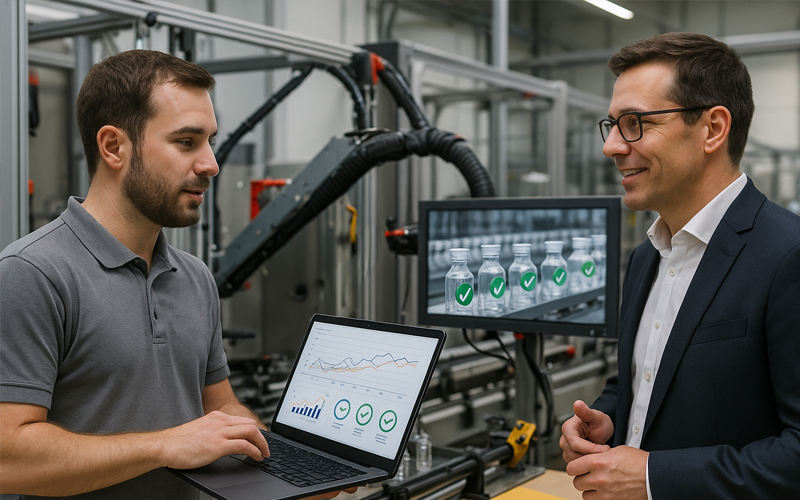 [Translate to English (USA):] OCTUM Supportmitarbeiter steht mit einem Kunden an einer Abfüllanlage und prüfen das System