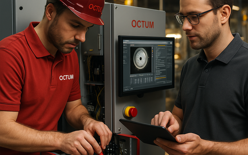 [Translate to English (USA):] Ein OCTUM Support-Mitarbeiter steht mit einem Kunden an einer Anlage und sie überprüfen gemeinsam das System
