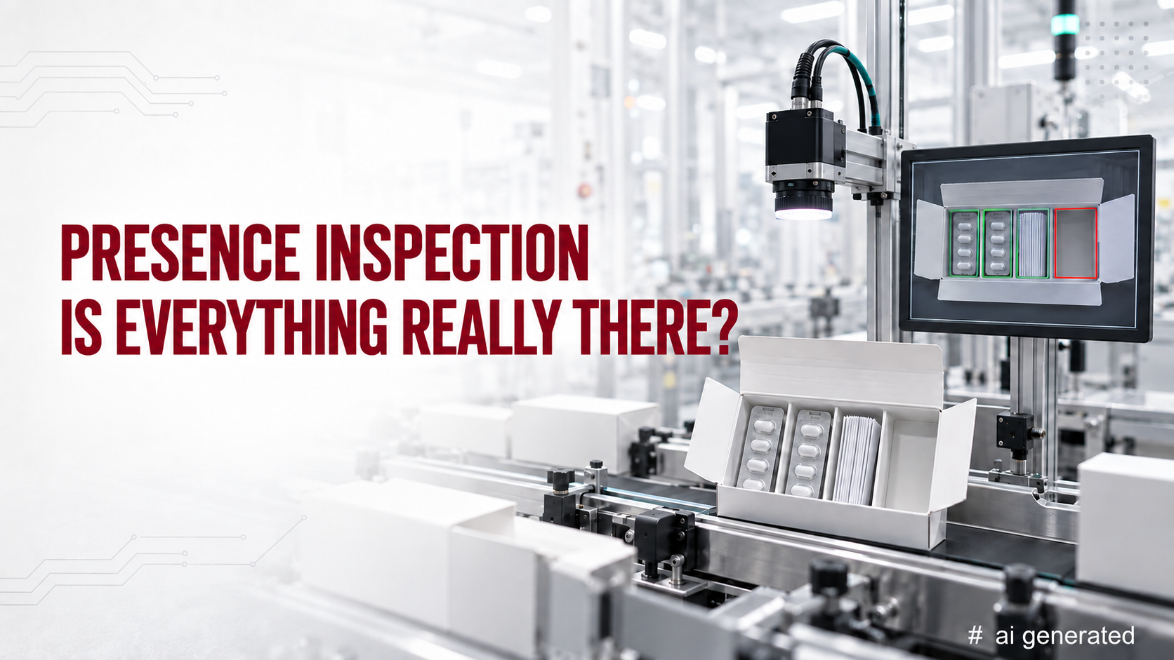 Bright industrial packaging line with an open carton containing blister packs and a folded leaflet. A machine vision camera inspects the contents. Green frames on a monitor highlight the components present, while a red frame marks an empty position. The headline reads: “Presence Inspection – Is Everything Really There?”