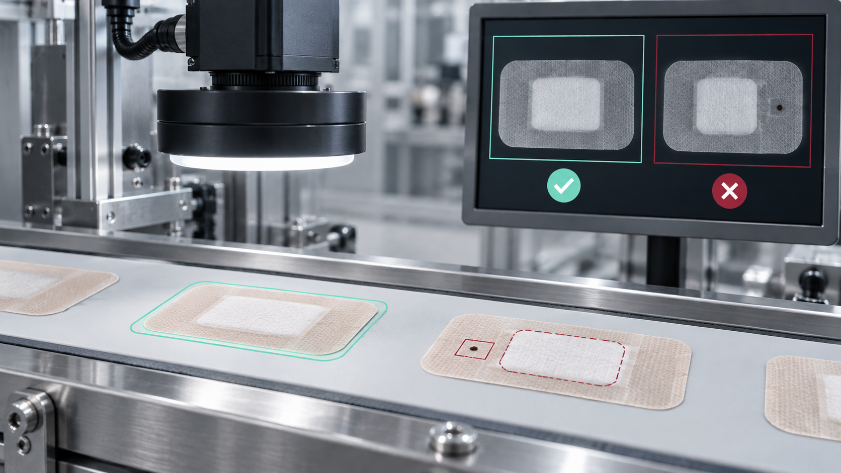 Automated medical patch inspection on a production line: An industrial camera checks contour, position and cleanliness. A monitor shows one correct patch and one defective patch with a particle and a misaligned wound pad.