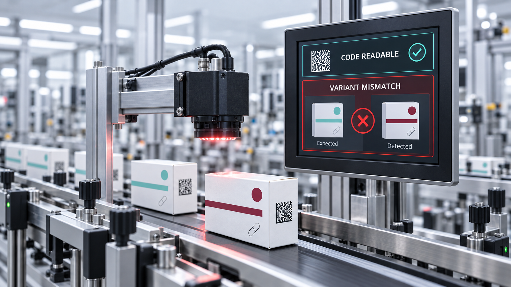 Automated code inspection on a packaging line: A DataMatrix code is readable but assigned to the wrong product variant.