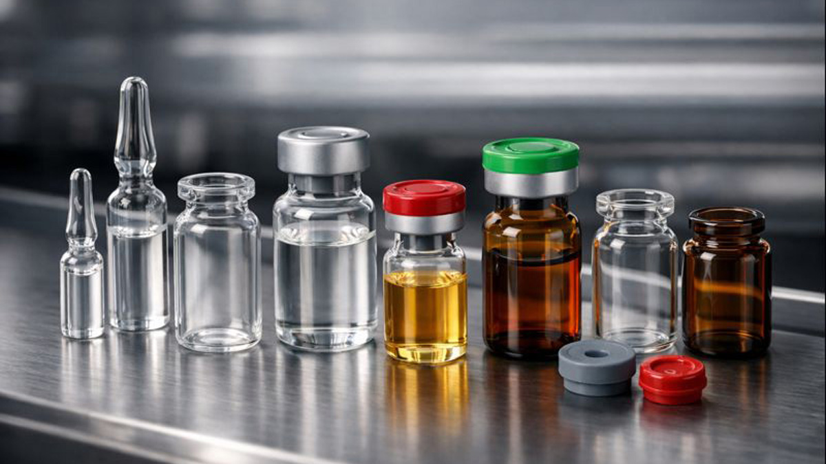 Vials und Ampullen stehen auf einem Edelstahltisch