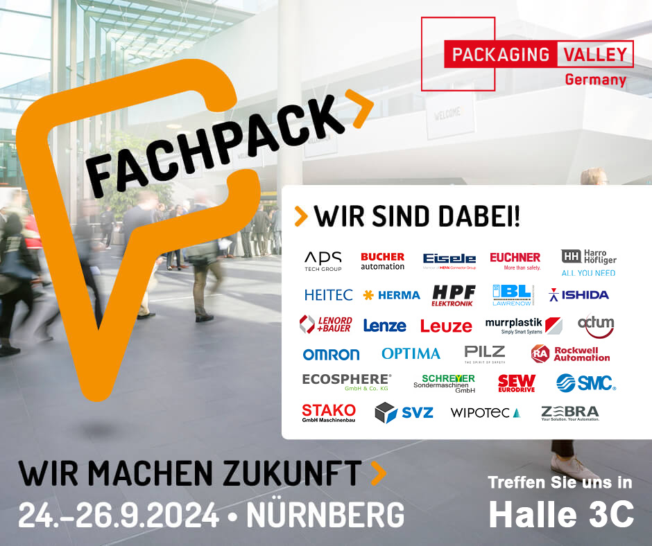 [Translate to English (USA):] Banner für den Gemeinschaftsstand des Packaging Valley auf der Fachpack Messe 2024 in Nürnberg
